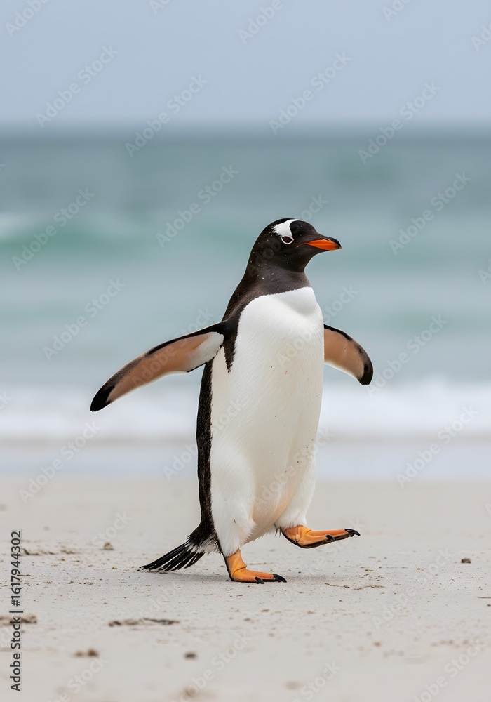 Naklejka premium penguin has a black head, white belly, orange feet. King Penguin Aptenodytes patagonicus Chicks in Creche in the rain.a Gentoo penguin standing on a sandy beach, wings outstretched and one leg raised.