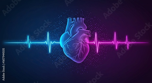 A human heart with a neon heartbeat line on a dark background