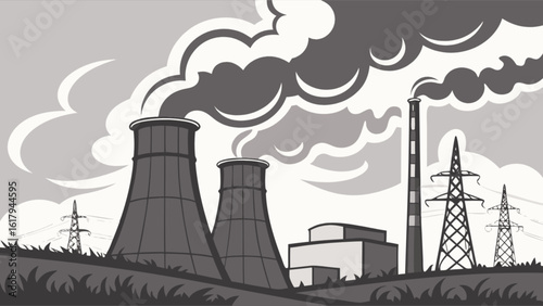 A power plant releases smoke, symbolizing the environmental impact of industrial emissions and the challenges of climate change