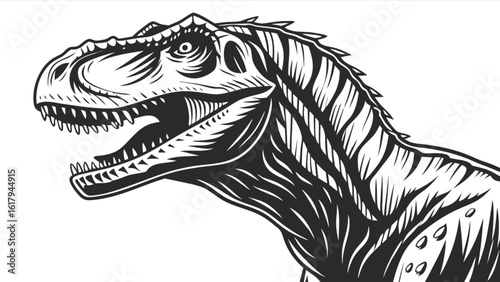 A black and white drawing of a tyrannosaurus rex head isolated on white background, showcasing its prehistoric and extinct nature