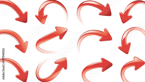 Set of twelve red curved arrow icons with gradient 3D style, ideal for concepts like direction, flow, movement, infographic design