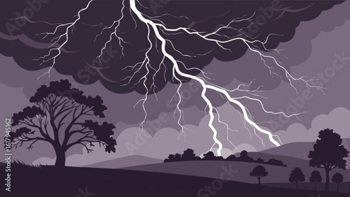 A dramatic lightning storm illuminates the night sky over a rural landscape, with trees silhouetted against the powerful electric display