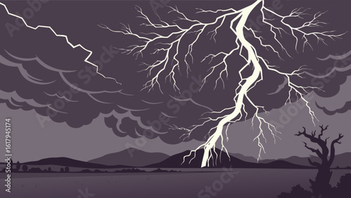 A powerful lightning bolt strikes near the sea during a dramatic storm, illuminating the dark sky and silhouetting the landscape