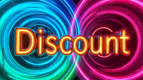 3D ‘10% Off’ Text with Abstract Neon Circle Lights – Looping Animation.Neon Circle Loop Animation Featuring 3D ‘10% Off’ Text on Abstract Background”
