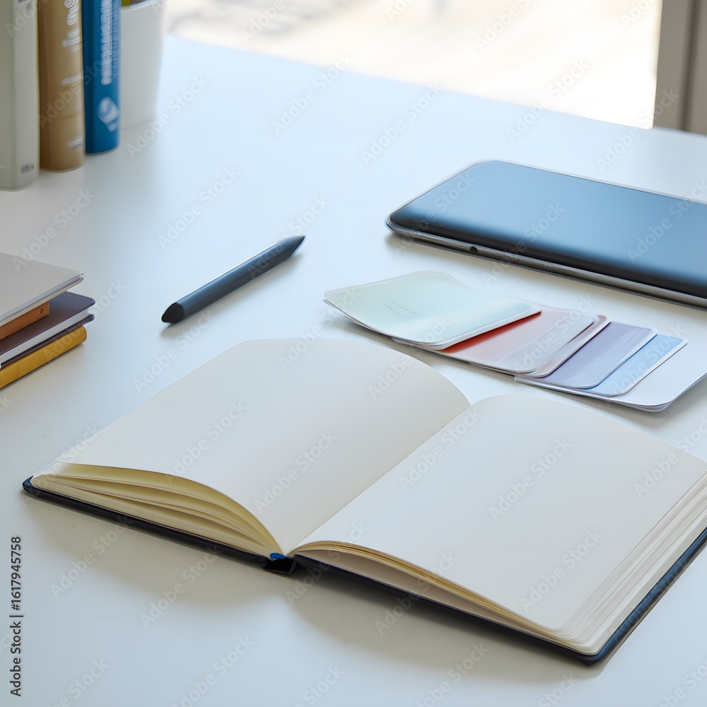 Open notebook and writing tools on a desk tablet color swatches Open notebook and writing tools on a desk tablet color swatches