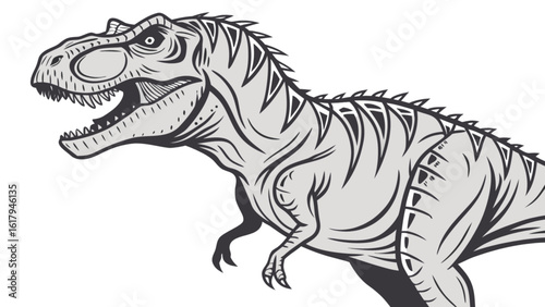 Grayscale illustration of a tyrannosaurus rex, emphasizing its formidable presence with detailed features and a menacing expression