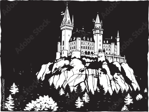 A castle in the remote wilderness. Hand drawn vector illustration