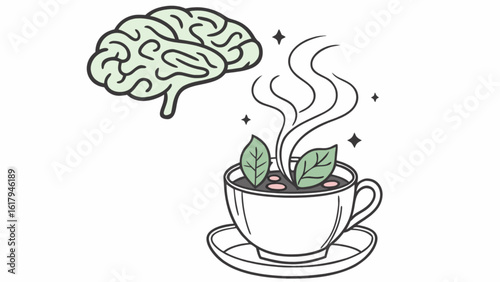 Illustration of a steaming cup of herbal tea with mint leaves, accompanied by a brain icon, symbolizing mental clarity, focus, and overall wellness