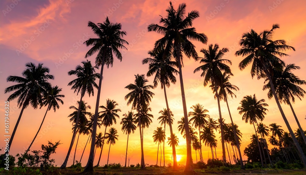 Obraz premium Silhouetted palm trees at sunset