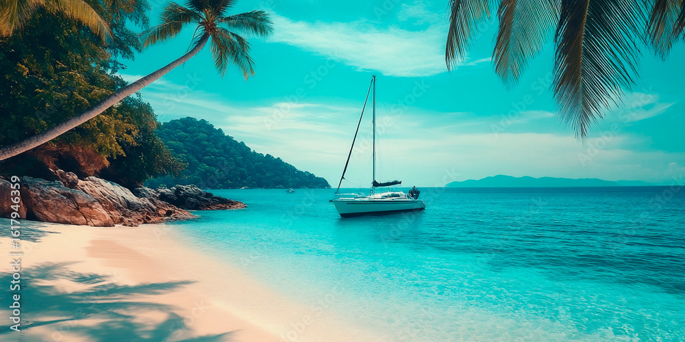 Fototapeta premium Sailboat anchored near a tropical beach with white sand, palm trees and calm turquoise sea surrounded by lush green hills and a bright blue sky