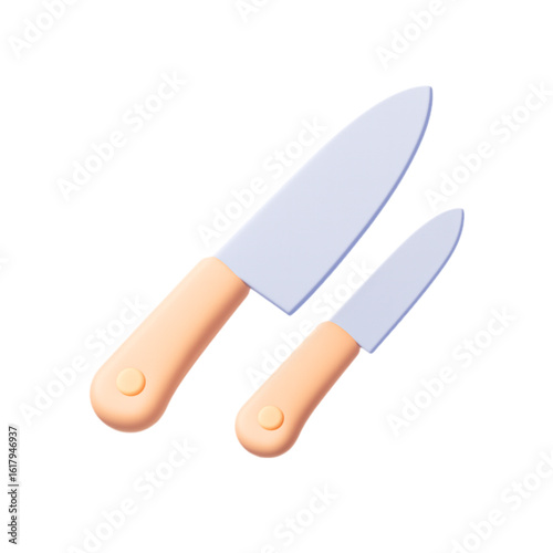 Two kitchen knives with light blue blades and peach handles isolated on transparent background