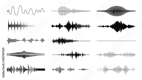 Sound Waves Set – Monochrome Audio Signal Lines, Music Rhythm Visualizer, Digital Voice Frequency, Equalizer Elements, Isolated Radio Wave Patterns on White Background
