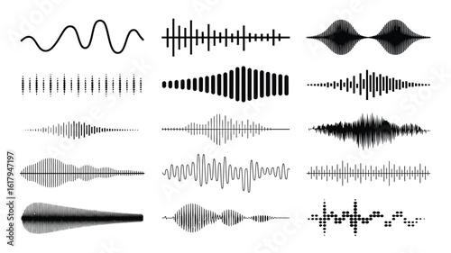 Sound Waves Set – Monochrome Audio Signal Lines, Music Rhythm Visualizer, Digital Voice Frequency, Equalizer Elements, Isolated Radio Wave Patterns on White Background