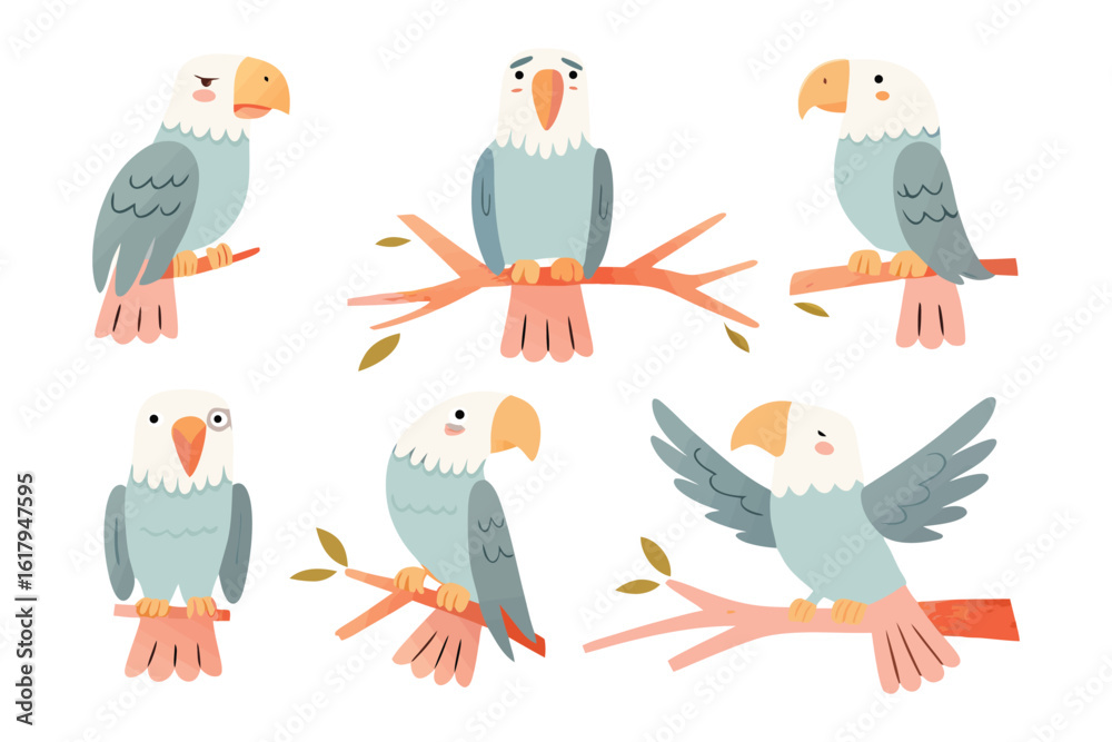 Fototapeta premium Colorful Parrot Collection: A captivating collection of six parrot illustrations, each showcasing unique poses and expressions on a branch. This image can be used in the education for kids.