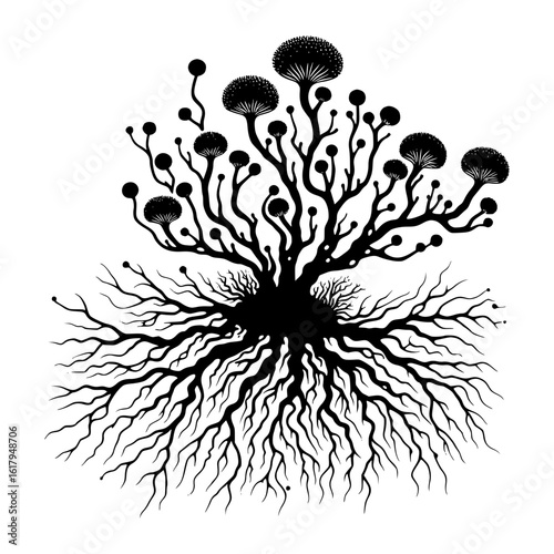 Abstract black mushroom tree with intricate root system illustration
