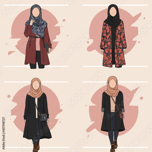 Illustrated Muslim Women Fashion Outfits with Hijab and Modern Clothing Style