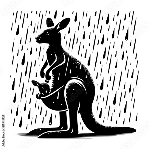 Kangaroo and joey silhouette in heavy rain