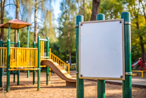 Empty signboard at a sunny outdoor playground with green structures