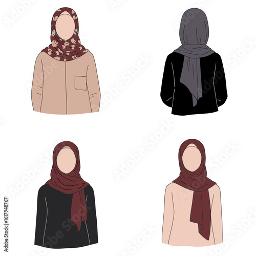 Set of Muslim Women in Hijab Illustration in Different Color Variations