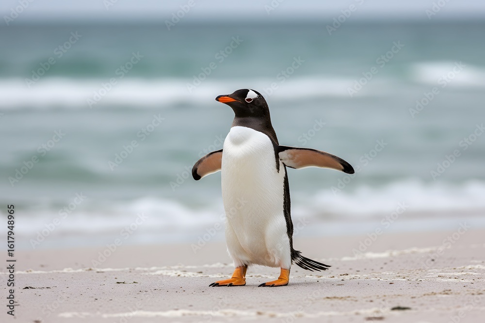 Naklejka premium penguin has a black head, white belly, orange feet. King Penguin Aptenodytes patagonicus Chicks in Creche in the rain.a Gentoo penguin standing on a sandy beach, wings outstretched and one leg raised.
