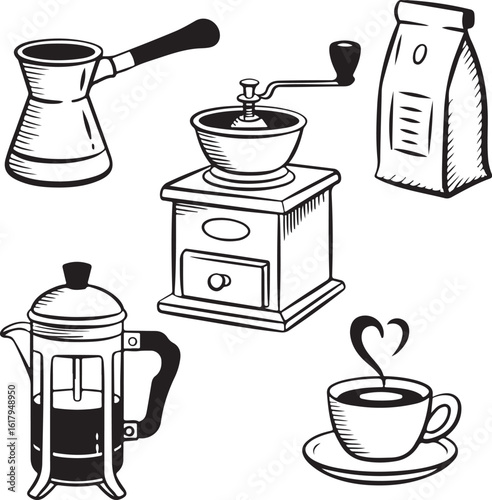 Engraved Coffee Preparation Set Vector Illustration for Cafe Branding