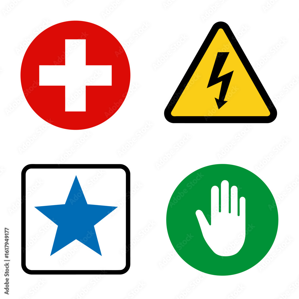 Fototapeta premium Set of four different safety signs with various symbols and colors