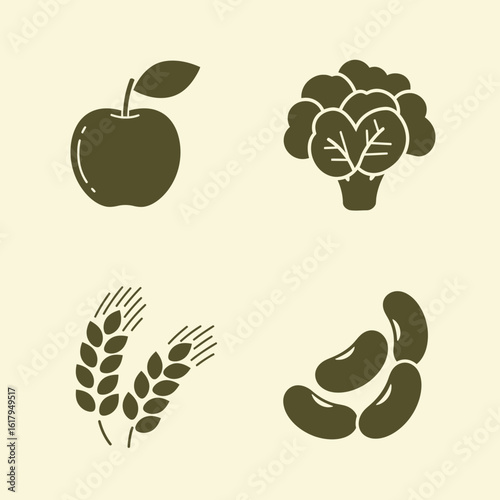 Healthy food icons set apple broccoli wheat and beans illustration