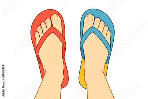 A cartoon illustration of a man's legs wearing flip-flops and beach shoes on a white background, depicted in a flat design style, symbolizing summer vacation and relaxation