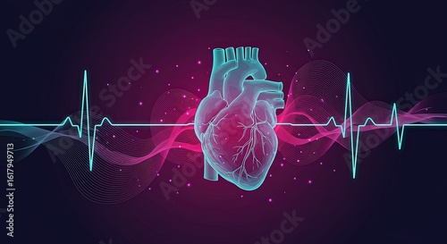 A stylized human heart with a pulsing EKG line against a dark vibrant background