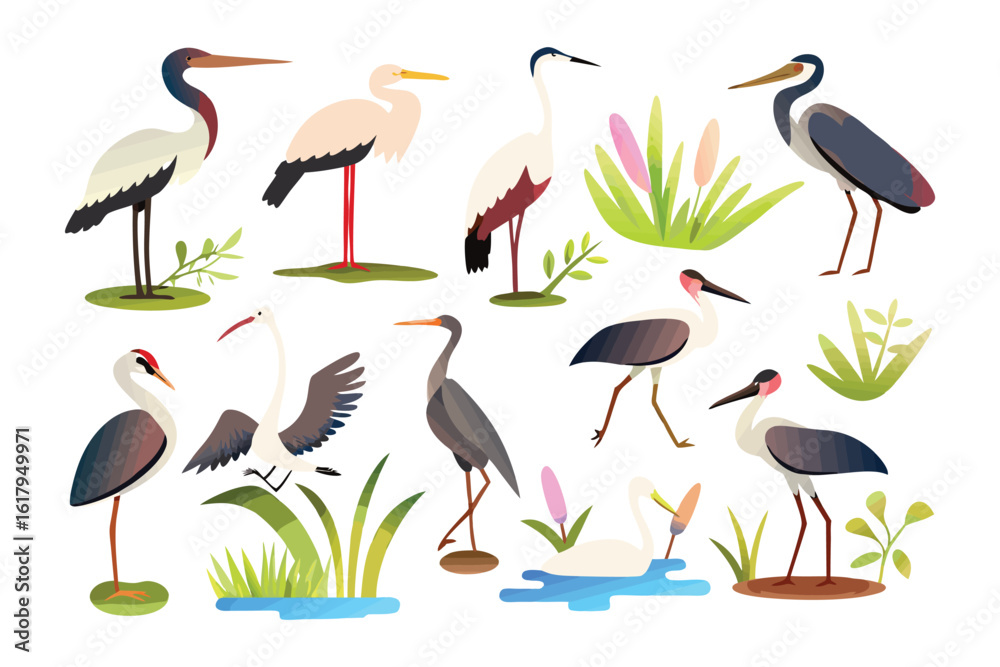 Obraz premium Elegant Avian Collection: A diverse collection of meticulously illustrated herons and related wetland birds showcases a variety of species in graceful poses, ideal for nature-themed projects.