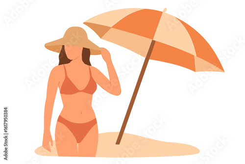 Minimalist vector illustration of a girl wearing a hat and sunbathing at the beach during summer