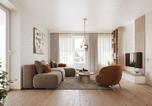 Interior of a modern small Scandinavian living room showcase. Comfortable hygge flat with orange decoration.