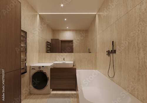Modern bathroom travertine interior with shower and washing machine.