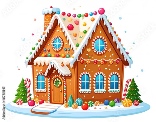 Whimsical gingerbread house decorated with colorful candies, icing, and snow, surrounded by candy canes and Christmas trees.