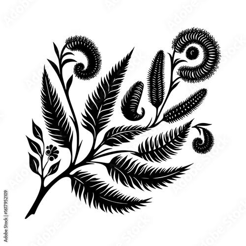 Elegant black and white fern branch with intricate details