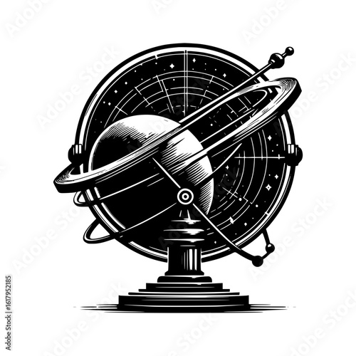 Vintage celestial globe orrery with constellation chart