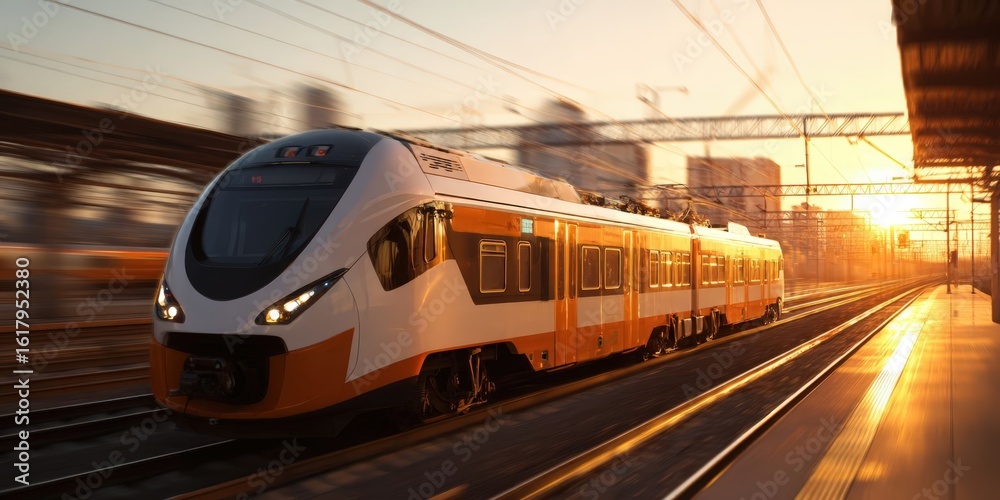 Naklejka premium High-Speed Passenger Train Arriving at Railway Station at Sunset