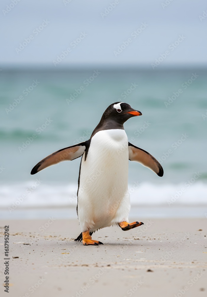 Fototapeta premium white belly, orange feet. King Penguin Aptenodytes patagonicus Chicks in Creche in the rain.a Gentoo penguin standing on a sandy beach, wings outstretched and one leg raised. penguin has a black head,