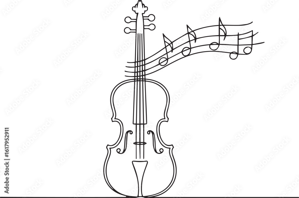 Fototapeta premium Continuous one line drawing of a violin with musical notes flowing out, symbolizing music, creativity, and artistic expression