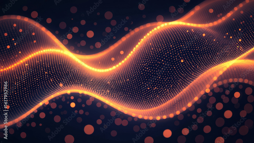 Fototapeta premium Dynamic glowing digital wave of data particles creates futuristic, abstract technology background with bokeh effect