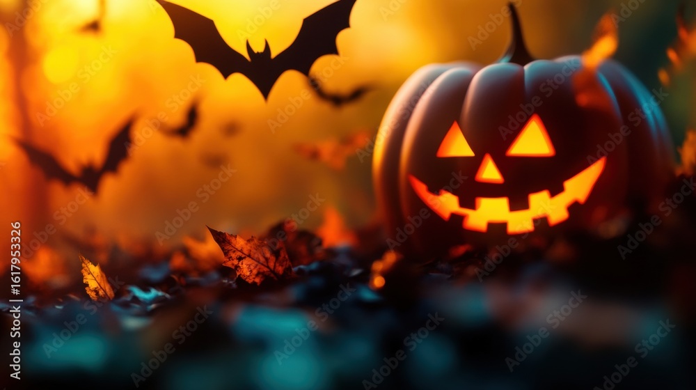 Fototapeta premium Spooky Halloween decorations featuring a glowing pumpkin and flying bats