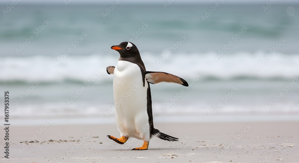 Fototapeta premium white belly, orange feet. King Penguin Aptenodytes patagonicus Chicks in Creche in the rain.a Gentoo penguin standing on a sandy beach, wings outstretched and one leg raised. penguin has a black head,