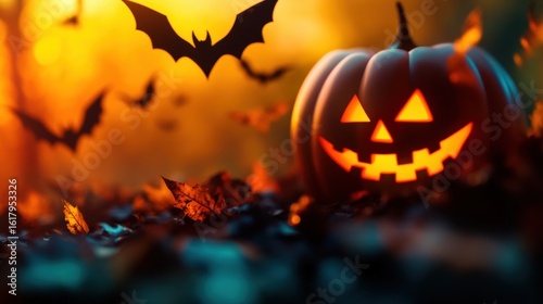 Spooky Halloween decorations featuring a glowing pumpkin and flying bats
