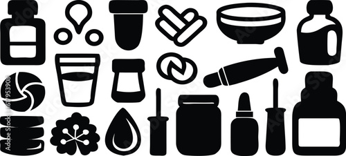 Collection of various containers and objects in black silhouette bottle capsule