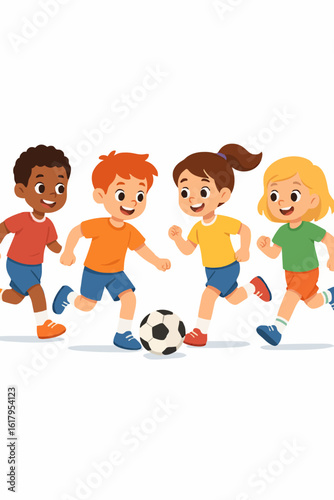 Happy Diverse Children Playing Soccer - Cartoon Vector Illustration