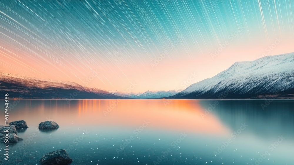 Fototapeta premium Star trails illuminate serene lake with snow-capped mountains at dawn