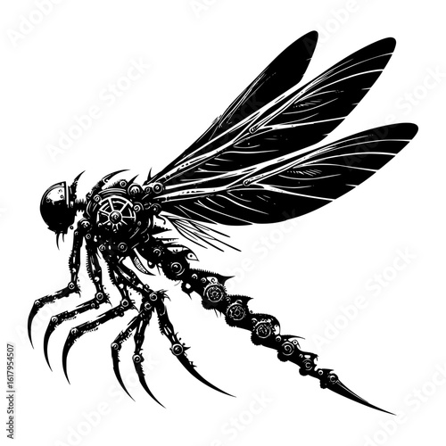 Intricate mechanical dragonfly illustration with detailed wings
