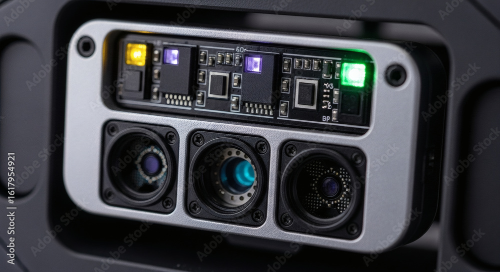 Obraz premium Close-up of a technological device featuring lenses, circuit boards, and illuminated indicators.