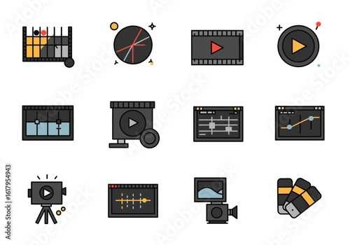 Collection of Video Editing and Production Icons in Flat Design Style