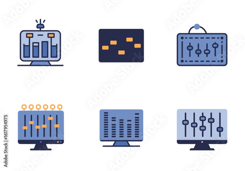 Collection of Audio Mixing and Equalization Icons in Blue and Orange